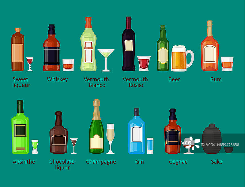 酒精饮料饮料鸡尾酒酒瓶贮藏容器喝不同的玻璃杯矢量插图图片素材