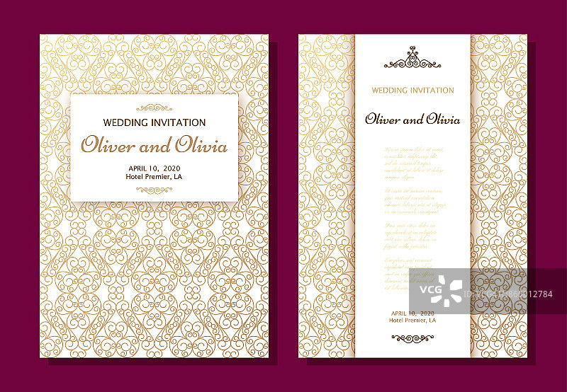 一套婚礼邀请模板。封面设计与金色漩涡装饰图片素材
