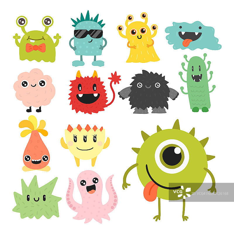 有趣的卡通怪物可爱的外星人角色生物快乐的插图魔鬼彩色动物向量图片素材