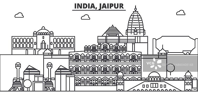 印度，斋浦尔建筑线天际线插图。线性向量的城市景观与著名的地标，城市景观，设计图标。风景与可编辑的笔触图片素材
