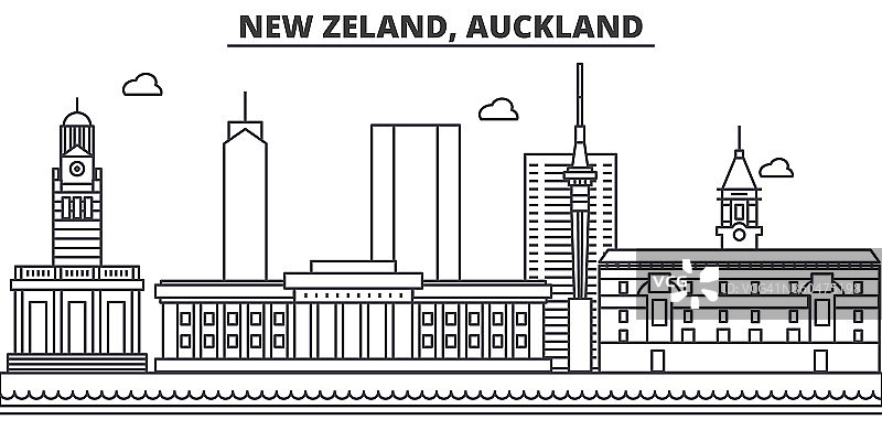 新西兰，奥克兰建筑线天际线插图。线性向量的城市景观与著名的地标，城市景观，设计图标。风景与可编辑的笔触图片素材