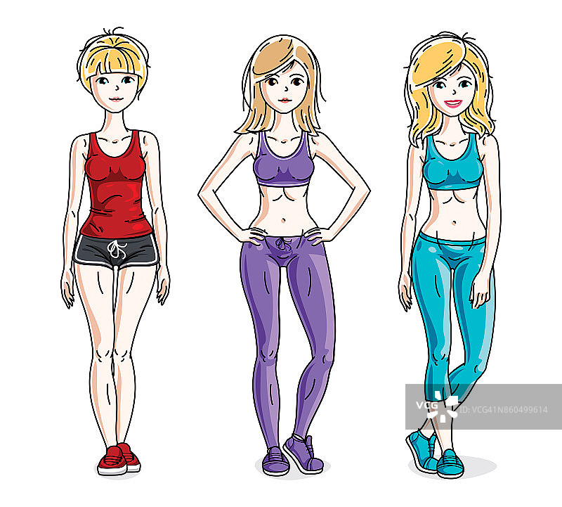 迷人的年轻女性摆姿势穿着时尚的运动服，女运动员和健身的人。矢量字符集合。图片素材