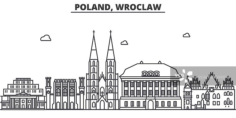 波兰，弗罗茨瓦夫建筑线天际线插图。线性向量的城市景观与著名的地标，城市景观，设计图标。风景与可编辑的笔触图片素材