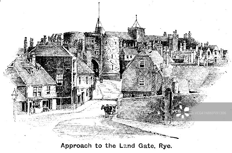 19世纪的版画，通往历史悠久的土地门，黑麦及其周围建筑的途径;英国维多利亚小镇1893图片素材