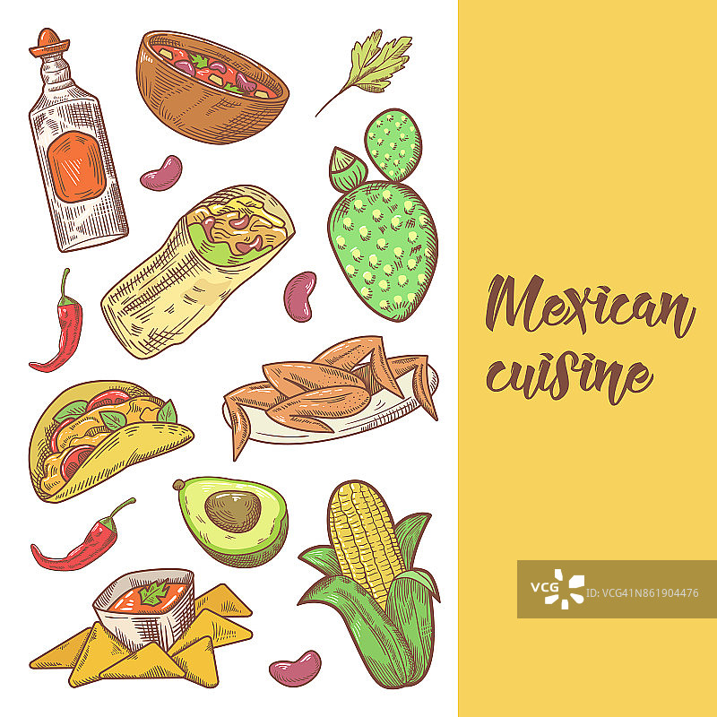 墨西哥食物手绘涂鸦。墨西哥传统美食菜单图片素材