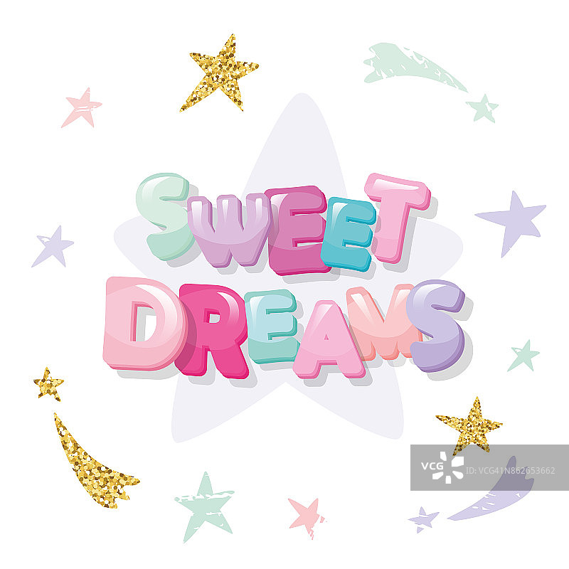 甜美的梦可爱的设计睡衣，睡衣，t恤。卡通字母和星星在柔和的颜色与闪光的元素。图片素材