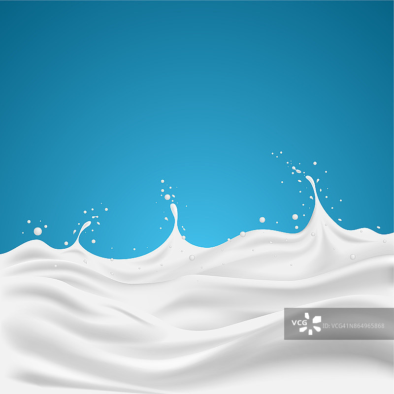 3d现实牛奶流体与滴在蓝色的背景。矢量插图。图片素材