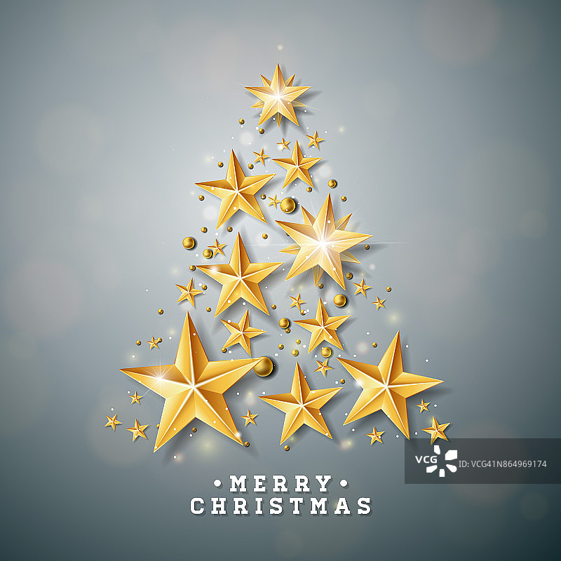 矢量圣诞和新年插图与圣诞树制成的剪纸星星在干净的背景。节日设计贺卡，海报，横幅。图片素材