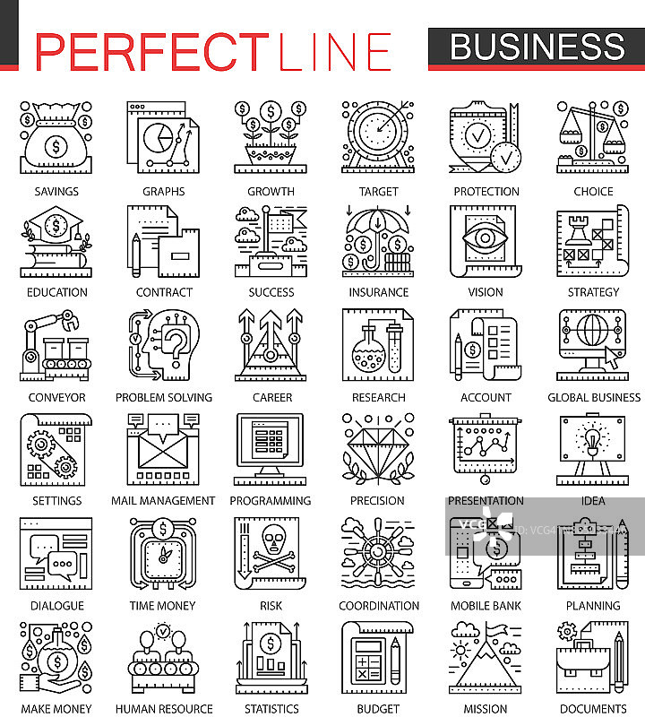商业大纲迷你概念符号。金融现代笔画线性风格插图集。完美的细线图标。图片素材