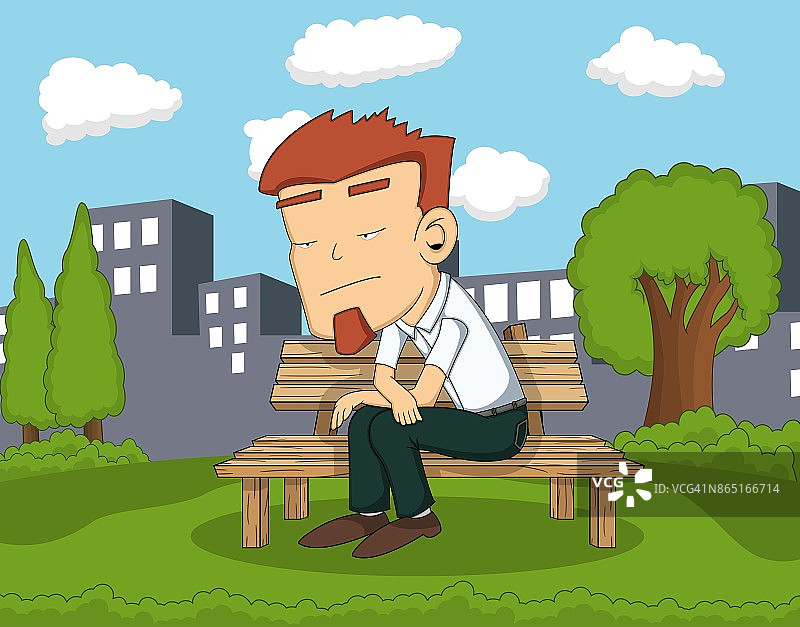 男子坐在公园与城市背景卡通图片素材