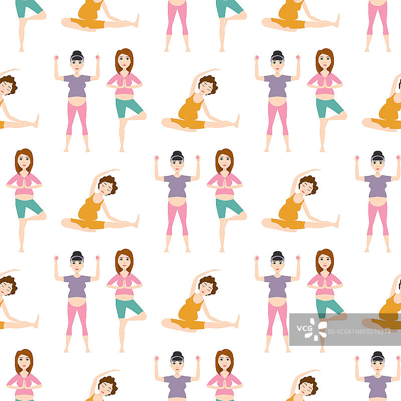 怀孕运动健身人健康的性格生活方式无缝模式背景女性瑜伽矢量插图图片素材