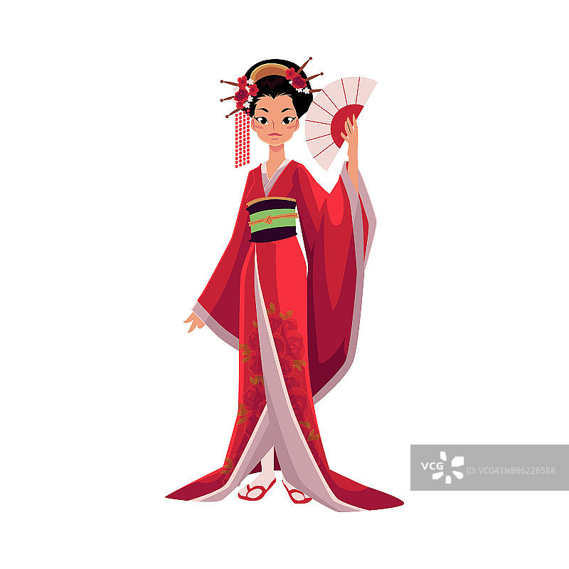 日本艺妓手持和服扇子，象征日本图片素材
