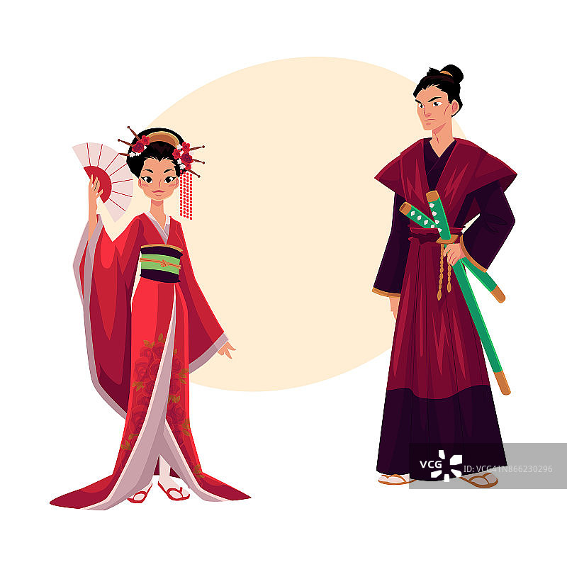 传统和服中的日本艺妓和武士，日本的象征图片素材