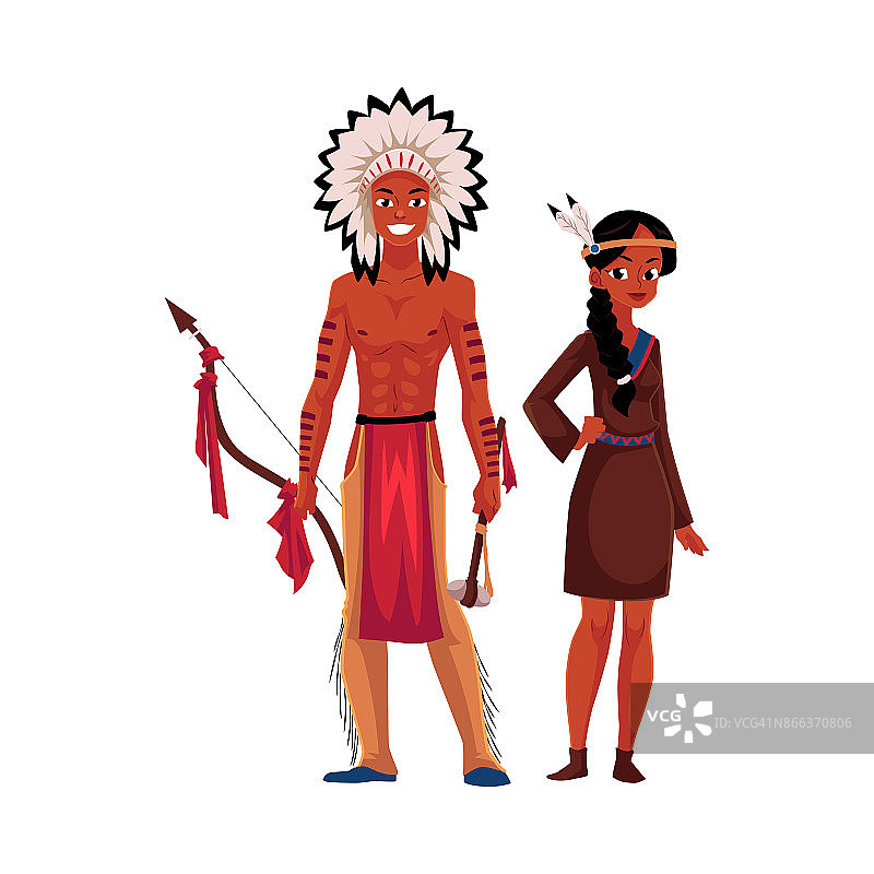 穿着传统鹿皮衣服和马裤的美国印第安土著夫妇图片素材