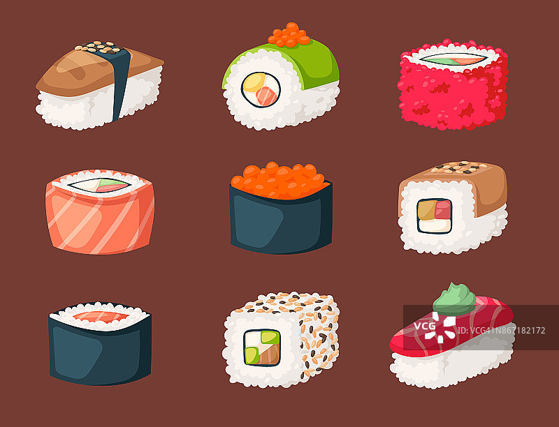 寿司日本料理传统食物平面健康美食图标亚洲餐饮文化卷矢量插图图片素材