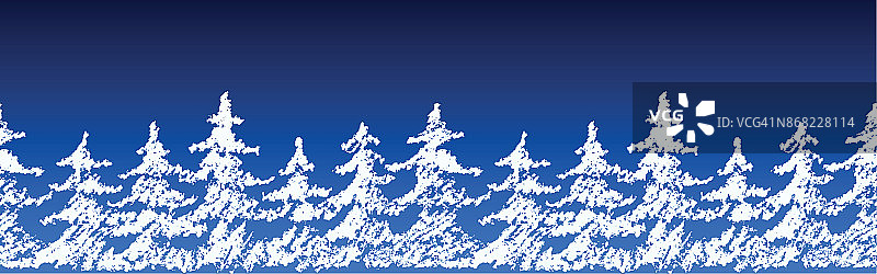 快乐的圣诞树剪影无缝图案边界上的蓝色暗。图片素材
