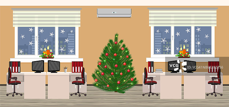 办公室室内在圣诞节设计有两个工作空间在圣诞节前夕。假期前夕在公司办公室。图片素材