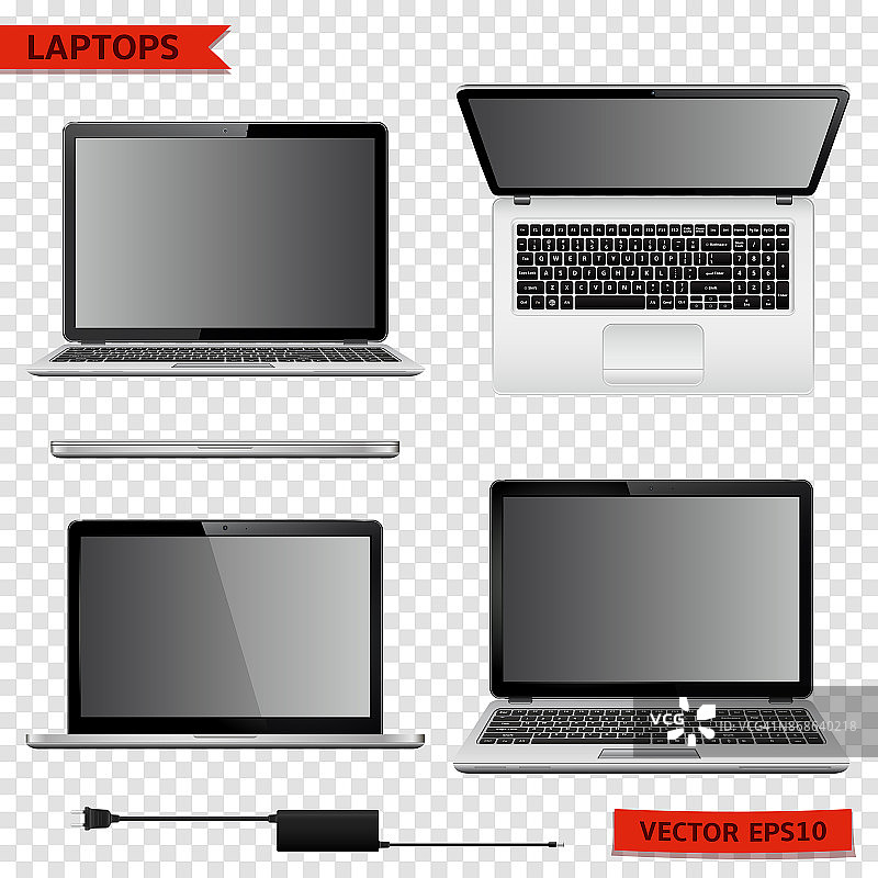 笔记本电脑在不同的位置隔离在透明的背景图片素材