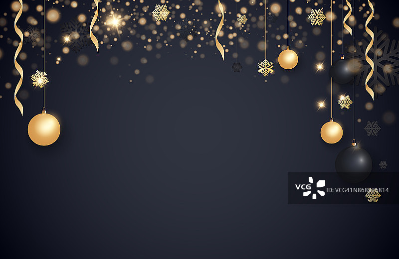 布局快乐新年2018金色和黑色的文字圣诞球，金色音乐会和雪花空间。金碧辉煌，光彩照人。矢量图图片素材