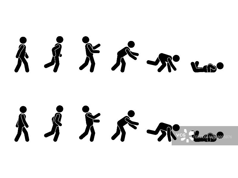 行走的人棍棒图形象形集。不同位置的跌倒和下落图标设置符号姿态在白色图片素材