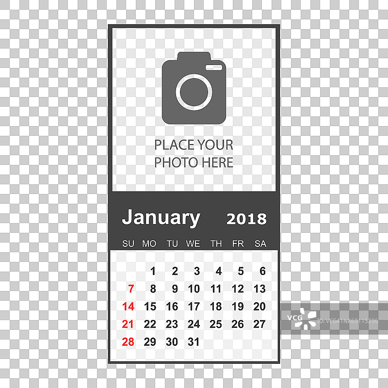2018年1月日历。日历计划设计模板与地方的照片。一周从周日开始。业务矢量插图。图片素材
