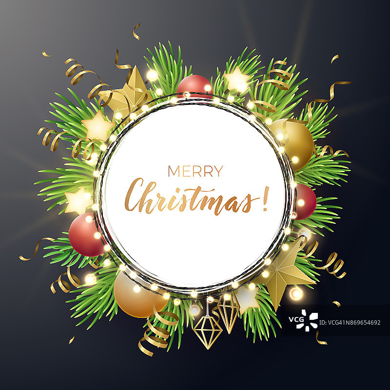 圣诞和新年矢量设计与冷杉树枝，金色纸屑，圣诞装饰品，发光的星星和灯光花环图片素材