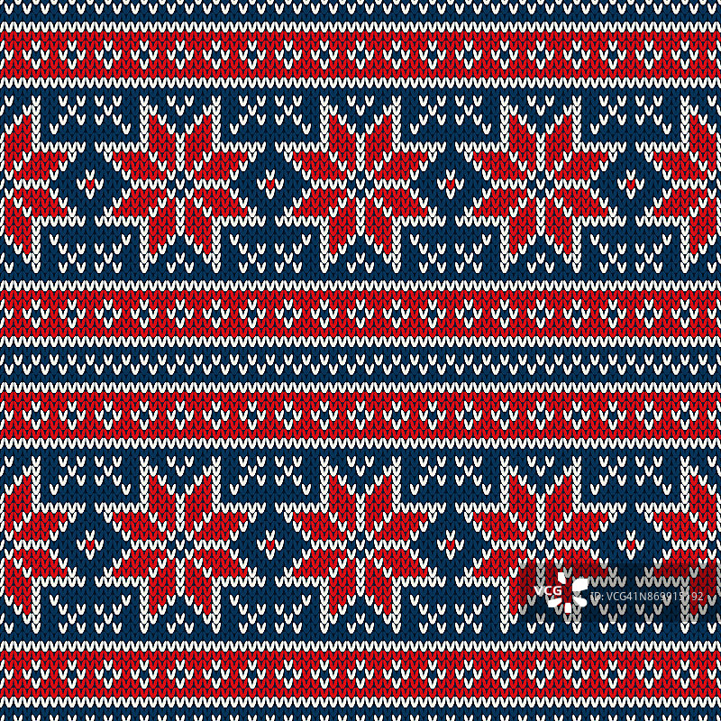 寒假雪花无缝编织图案。Fair Isle针织毛衣设计。圣诞节无缝的背景图片素材