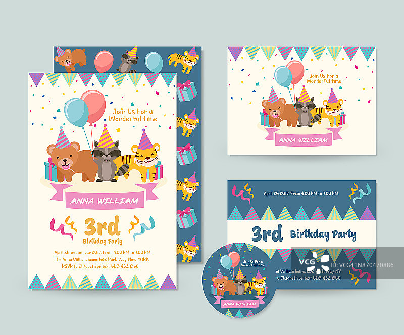 可爱的野生动物主题生日快乐的邀请卡套装和传单插图模板图片素材