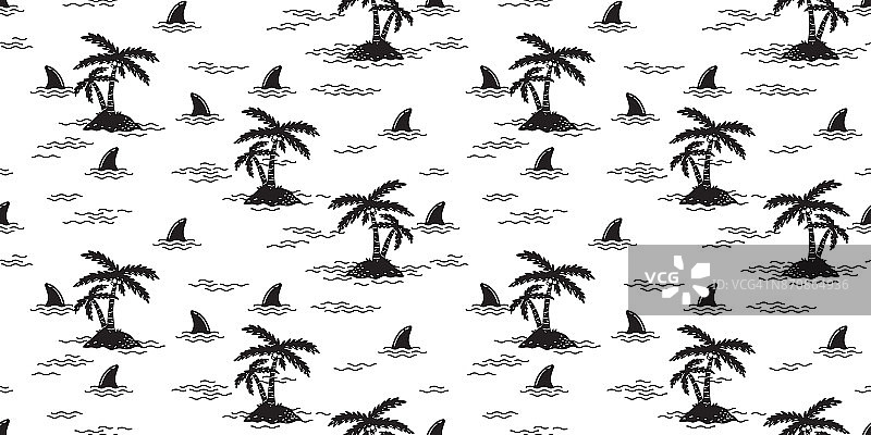 鲨鱼鳍海豚鲸鱼海浪岛矢量无缝图案壁纸背景图片素材