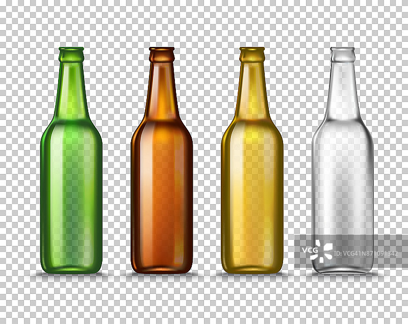 现实的绿色，棕色，黄色和白色空啤酒瓶孤立在一个透明的背景。矢量插图。为产品包装广告制作模板。图片素材