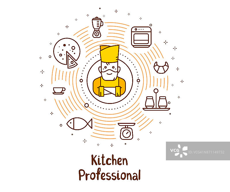矢量插图的一个男人首席厨师在厨师帽与食物图标和题词。白色背景上的创意烹饪概念。图片素材