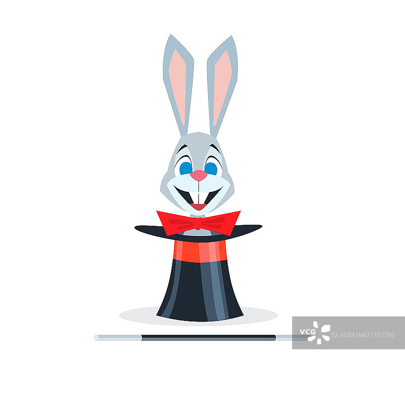 戴着红色蝴蝶结的兔子坐在帽筒里，旁边放着一根魔杖图片素材