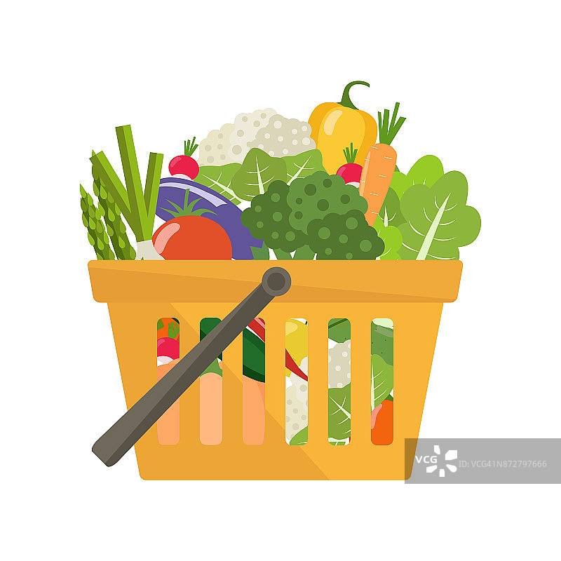 有蔬菜和水果的购物篮。健康的生活方式。图片素材