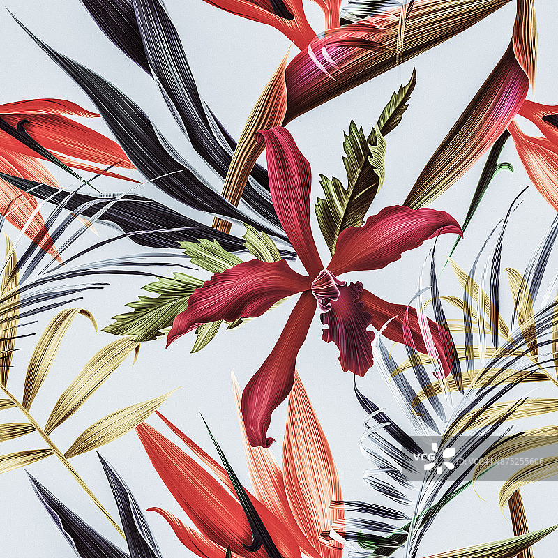 无缝热带花卉，植物和叶图案背景图片素材
