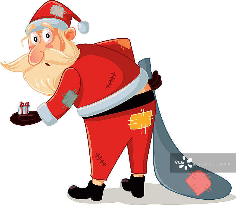 可怜的圣诞老人和零零碎碎的服装和小礼物向量卡通图片素材