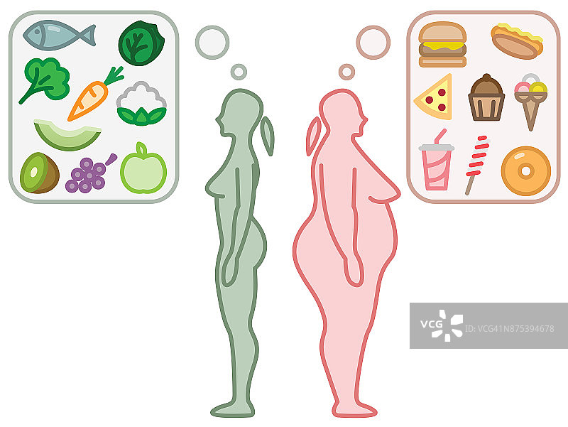 胖和苗条的女性轮廓和食物图片素材