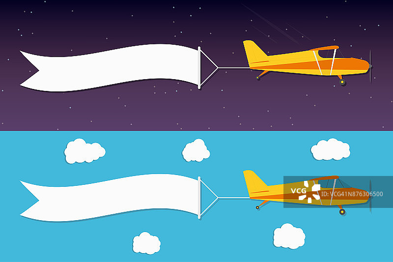 飞广告横幅。飞机与水平横幅在夜晚的外层空间和天蓝色的天空背景图片素材