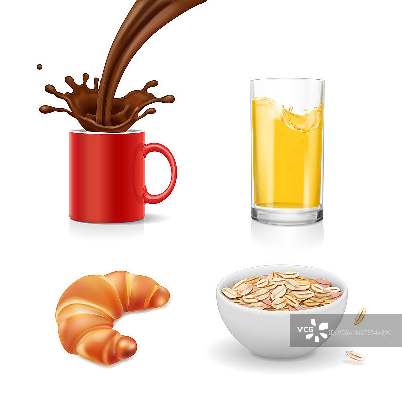 早餐图标。羊角面包，燕麦片，咖啡，橙汁，真实的病媒隔离图片素材