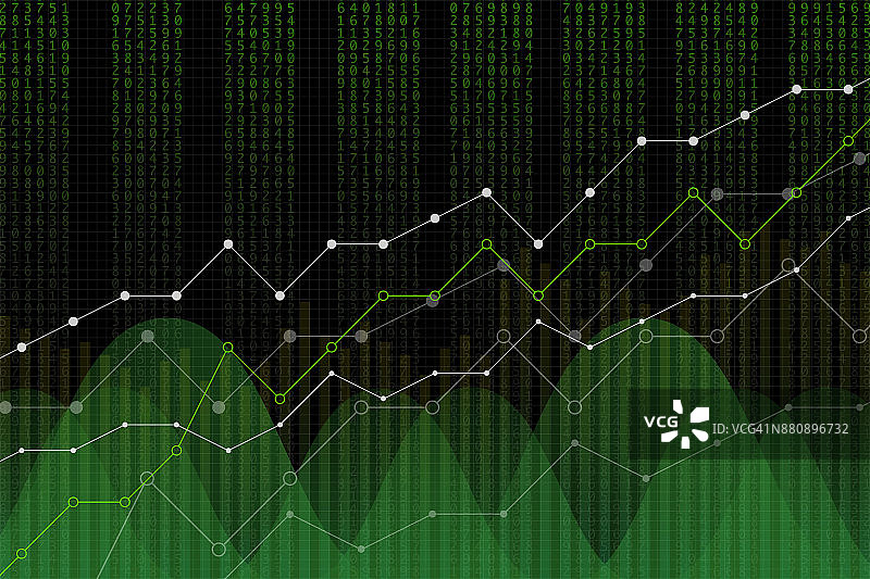股市收益图，矢量图。绿色数字列，上升趋势线，交易屏幕概念上的黑色背景。数字图表收入增长。图片素材