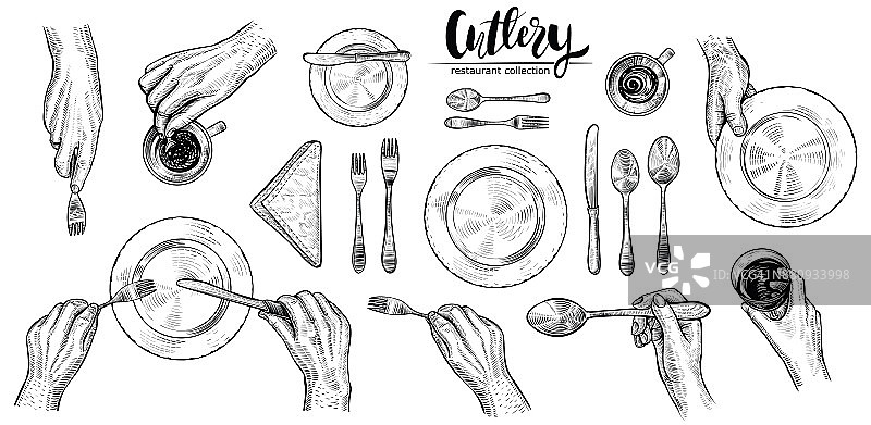 手拿餐具，矢量线插图。顶视图在餐桌设置与用餐的人。图片素材