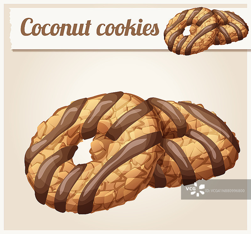 椰子饼干与巧克力条纹插图。卡通矢量图标。系列食品、饮料和烹饪配料。图片素材