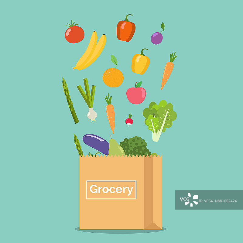 装着蔬菜和水果的购物纸袋。健康的生活方式。图片素材
