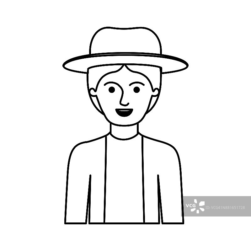 男子半身体与帽子和夹克与短发在单色剪影图片素材