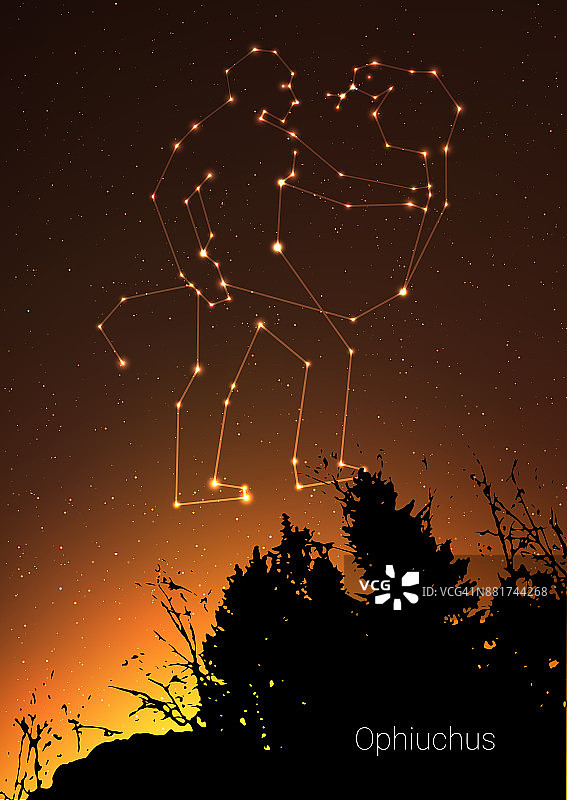 蛇夫座星座与森林景观剪影在美丽的星空与银河和后面的空间。蛇夫座星象符号星座在深宇宙背景上图片素材
