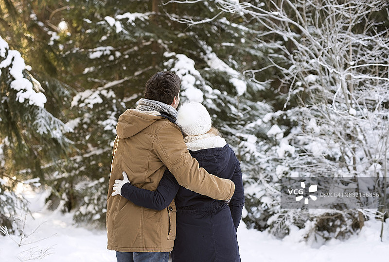 在白雪覆盖的冬天森林里，幸福的年轻夫妇手挽手的背影图片素材