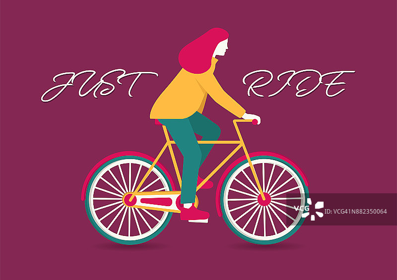 卡通女人的剪影骑着自行车越过紫色。只是骑刻字。矢量图图片素材