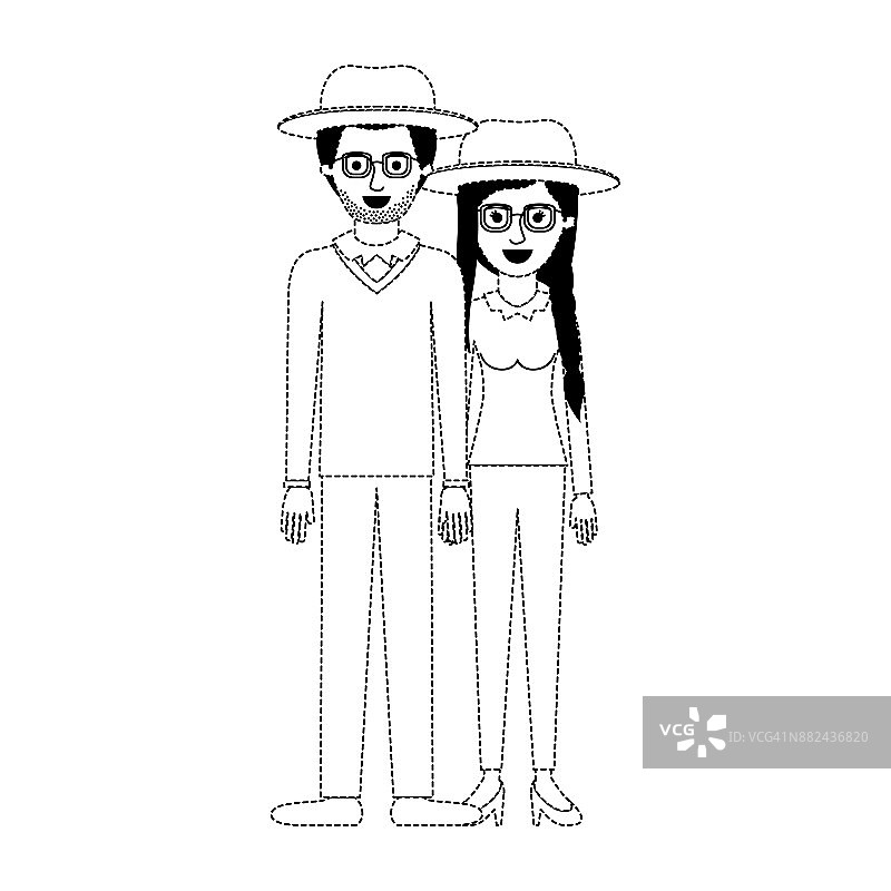 一对夫妇穿着黑点的剪影，两人都戴着帽子，戴着眼镜，穿着裤子;他留着胡茬胡子，穿着毛衣和鞋子;她穿着长袖衬衫和高跟鞋，扎着辫子，留着流苏图片素材