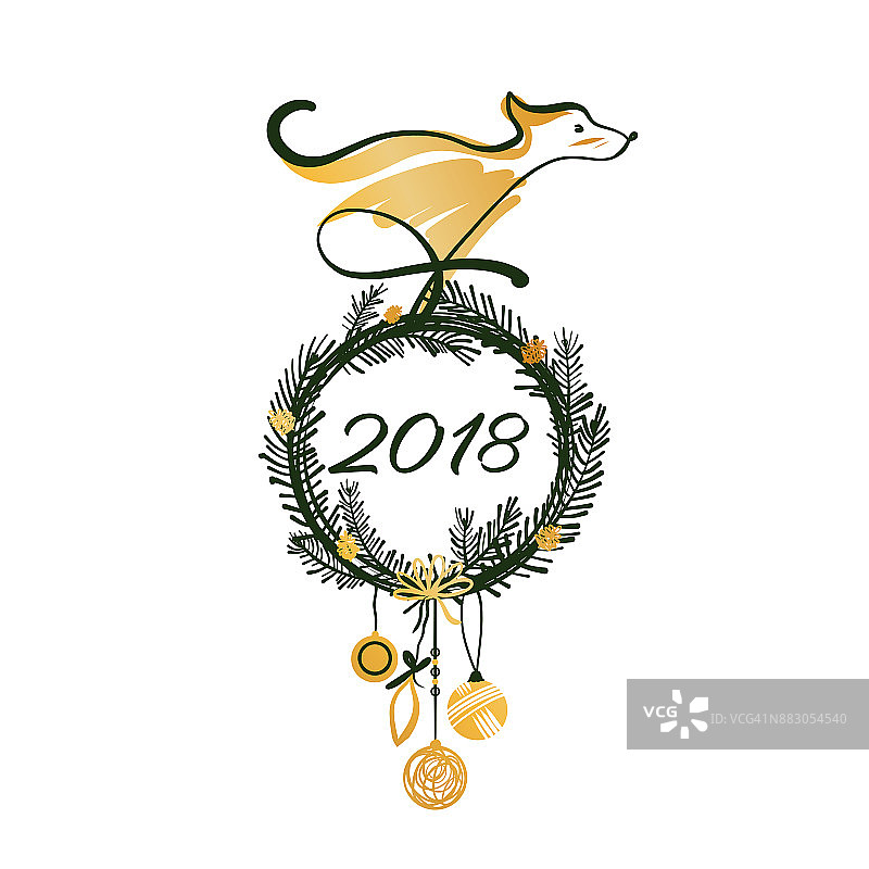 手绘插图设计模板贺卡，海报，旗帜2018年的地球狗。奔跑的狗和圣诞树的树枝在白色的背景素描图像。图片素材