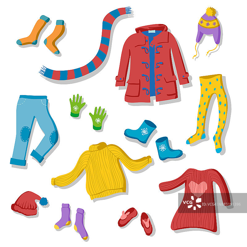 平面风格的冬季服装项目收集:围巾，手套，帽子，连衣裙，耳罩图片素材