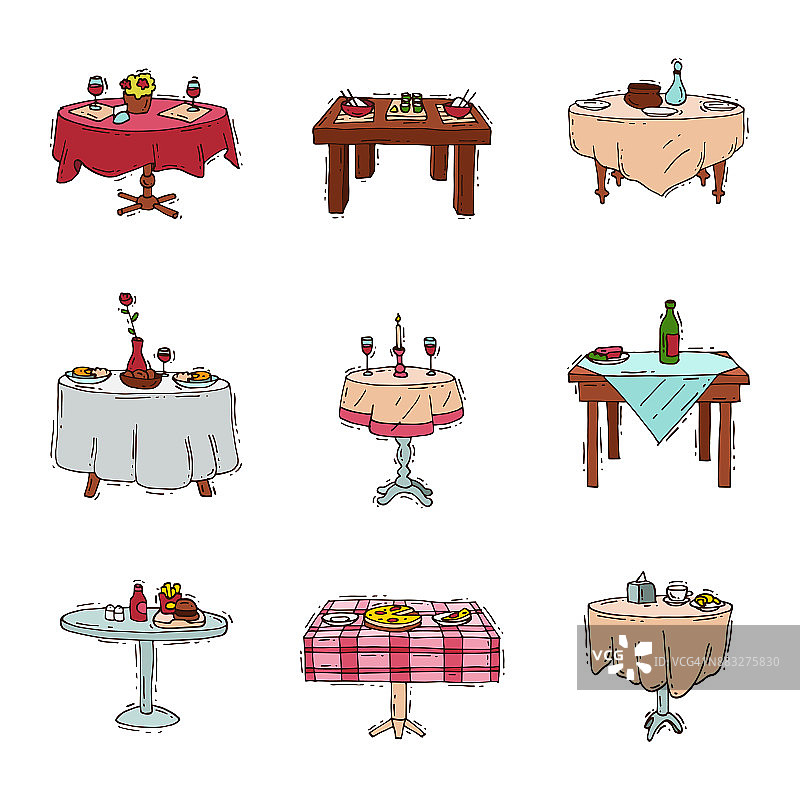 餐桌在餐厅矢量设置午餐晚餐日期在咖啡馆与葡萄酒杯意大利披萨中国菜东方菜肴插图孤立在白色的背景图片素材